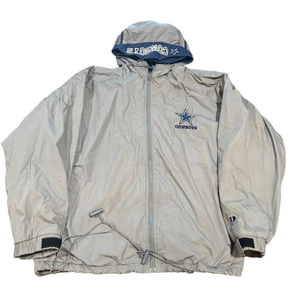 Vintage Pro Player Dallas Cowboys Windbreaker Jacket Gray XXL Full Zip Hooded |O